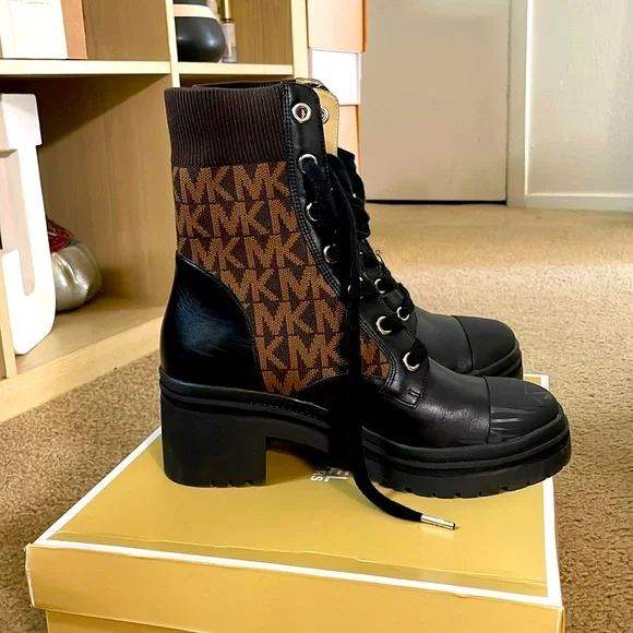 Michael Kors Shoes Brea Combat Boots In Leather And Logo